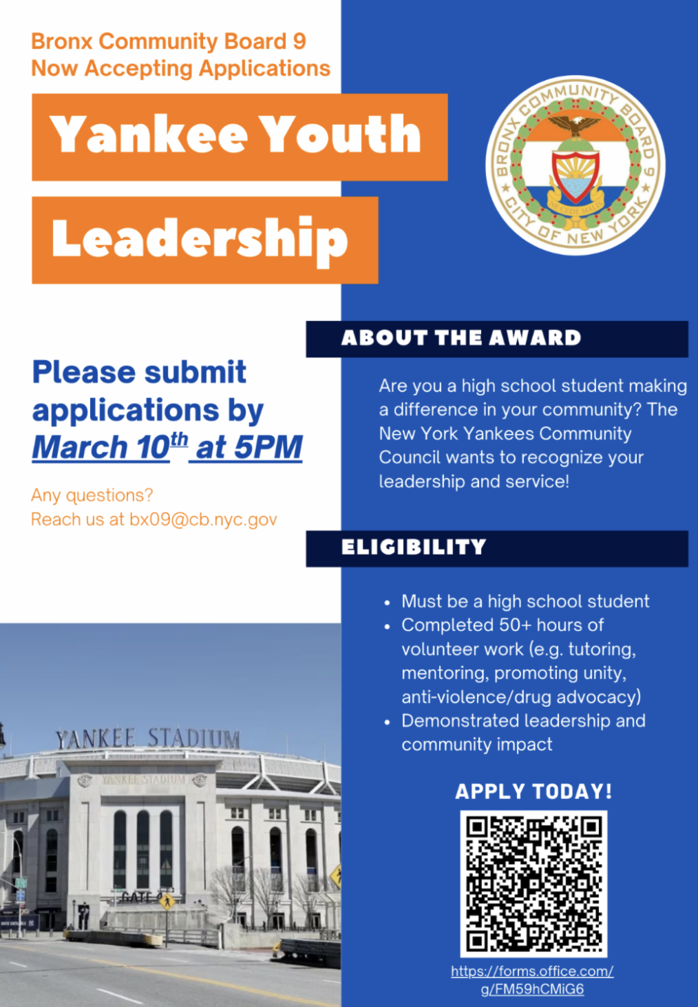 Bronx Community Board 9 Now Accepting Yankee Youth Leadership Award Applications