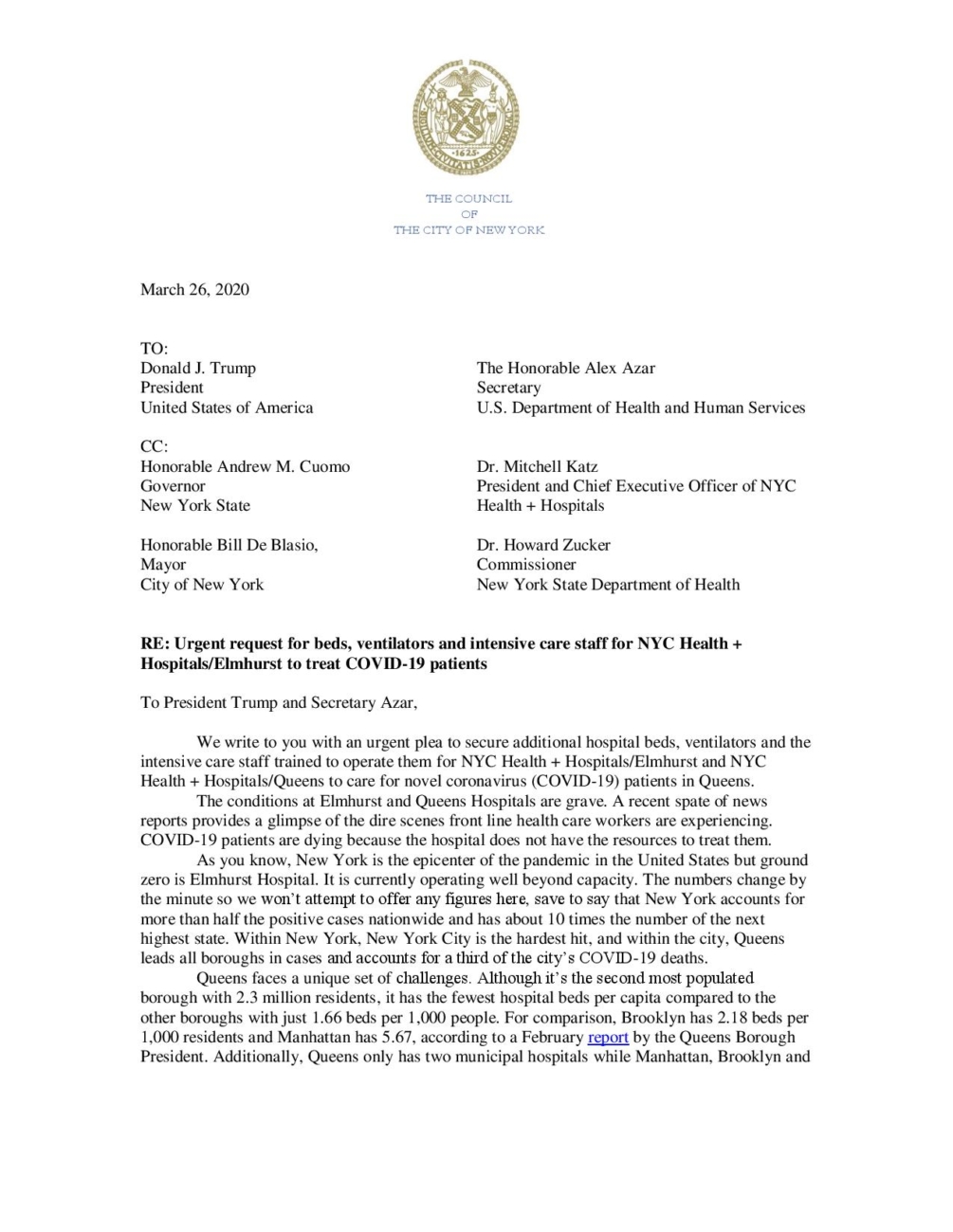 Letter to President Trump and U.S. Department of Health and Human