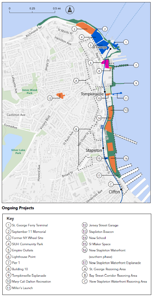 Map showing ongoing projects along the North Shore of Staten Island concentrated along the waterfront.