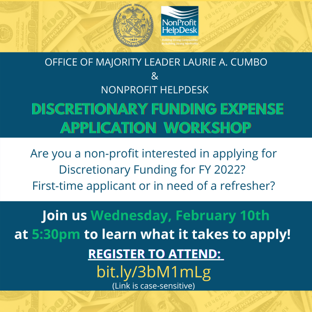 Workshop to assist those who are applying for FY22 NYC Council Discretionary Expense Funding