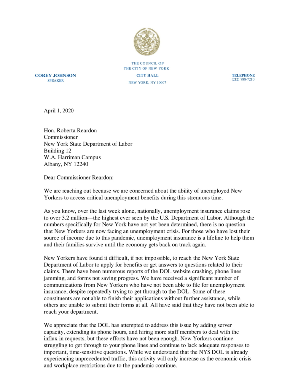 Letter to Hon. Roberta Reardon, Commissioner, New York State Department ...