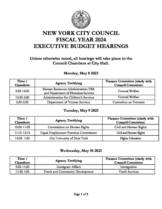 NYCC FY 2024 Executive Budget Hearing Schedule Press