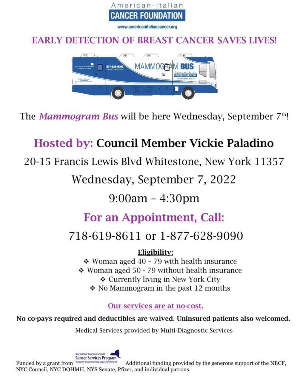Free Mammogram Bus – September 7, 2022 - Vickie Paladino Free Mammogram Bus – September 7, 2022 - Vickie Paladino